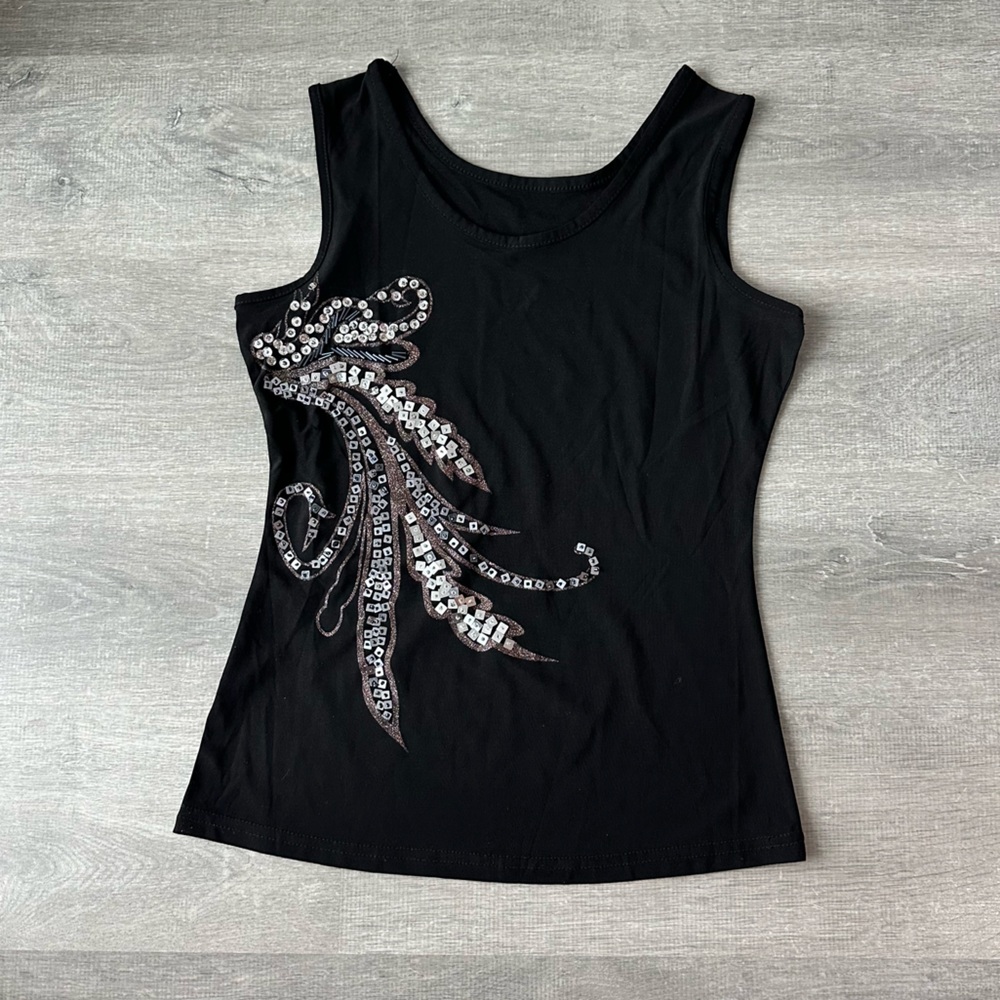 Glam Black Sequin Embellished Women's Tank Top